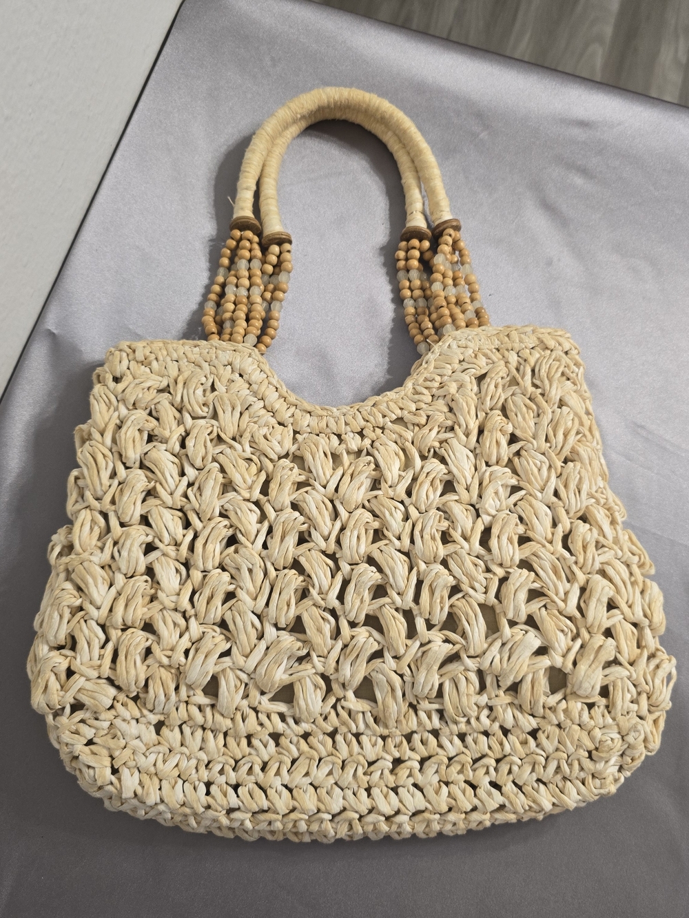 Cappeli Woven Natural Raffia Tote Bag with Beaded Handles - Picture 3 of 10